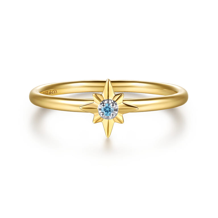 14K White  Yellow Gold Star and Blue Topaz Stackable Ring - Shot 1