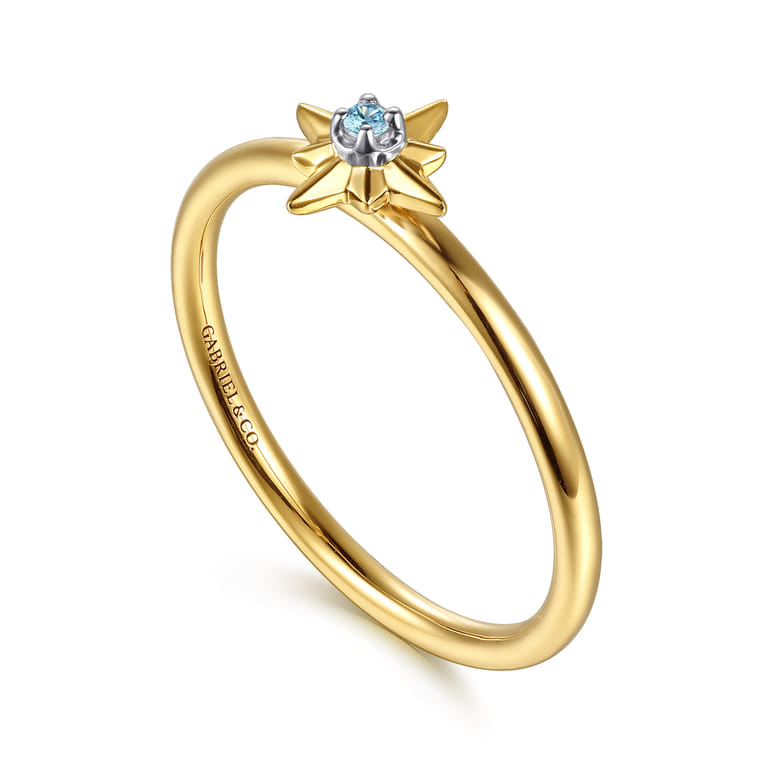 14K White  Yellow Gold Star and Blue Topaz Stackable Ring - Shot 3