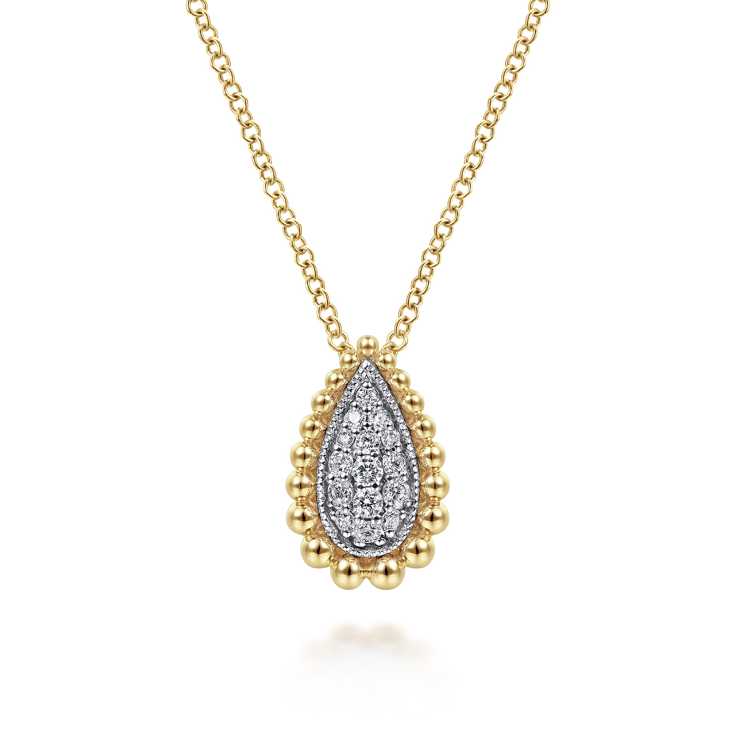 14K White  Yellow Gold Teardrop Diamond Pave Pendant Necklace with Beaded Frame - 0.16 ct - Shot 1