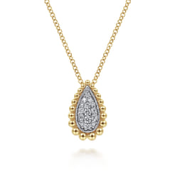14K White  Yellow Gold Teardrop Diamond Pave Pendant Necklace with Beaded Frame
