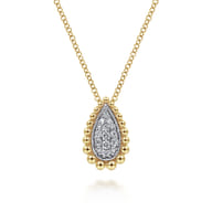 14K White  Yellow Gold Teardrop Diamond Pave Pendant Necklace with Beaded Frame