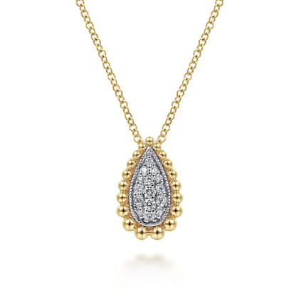 14K White  Yellow Gold Teardrop Diamond Pave Pendant Necklace with Beaded Frame