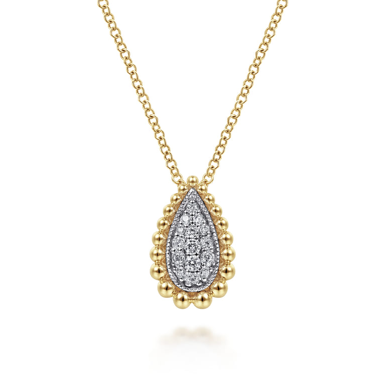 14K White  Yellow Gold Teardrop Diamond Pave Pendant Necklace with Beaded Frame - 0.16 ct - Shot 1