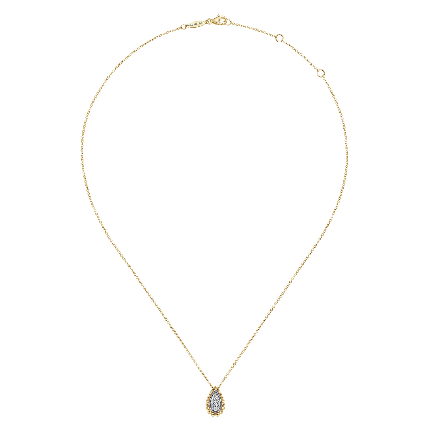 14K White  Yellow Gold Teardrop Diamond Pave Pendant Necklace with Beaded Frame - 0.16 ct - Shot 2