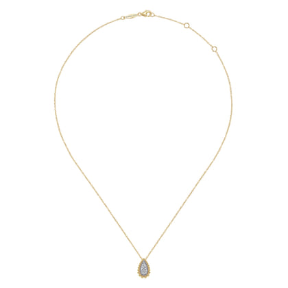 14K White  Yellow Gold Teardrop Diamond Pave Pendant Necklace with Beaded Frame