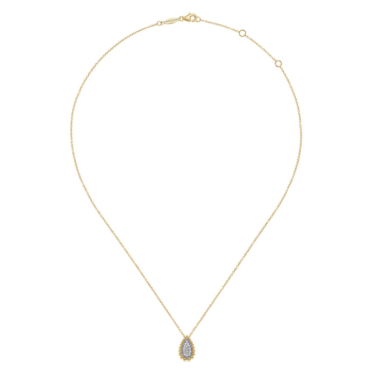 14K White  Yellow Gold Teardrop Diamond Pave Pendant Necklace with Beaded Frame - 0.16 ct - Shot 2