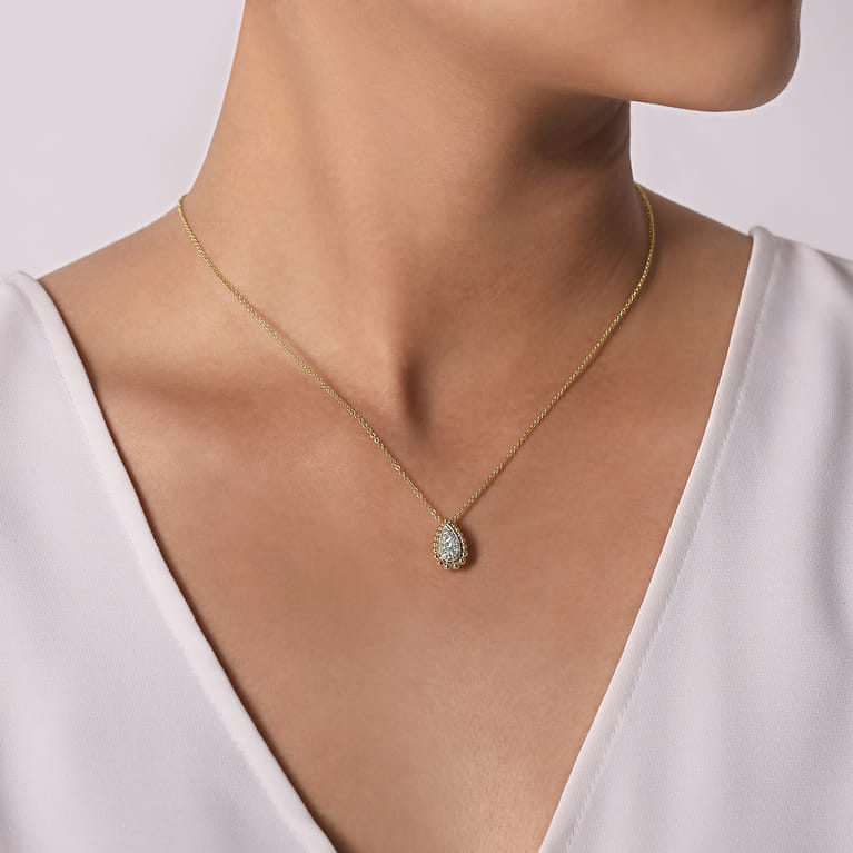 14K White  Yellow Gold Teardrop Diamond Pave Pendant Necklace with Beaded Frame - 0.16 ct - Shot 3