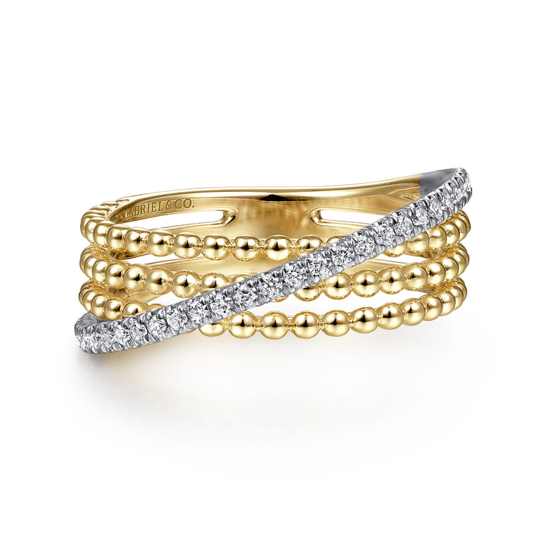 14K White-Yellow Gold Three Row Bujukan Ball and Diamond Band Ring - 0.2 ct - Shot 1