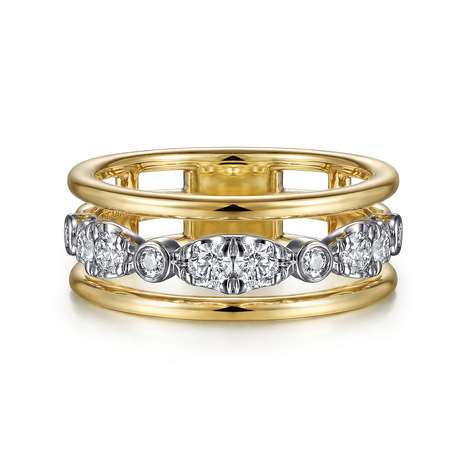14K White-Yellow Gold Three Row Diamond Open Ring