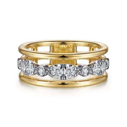 14K White-Yellow Gold Three Row Diamond Open Ring