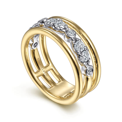 14K White-Yellow Gold Three Row Diamond Open Ring