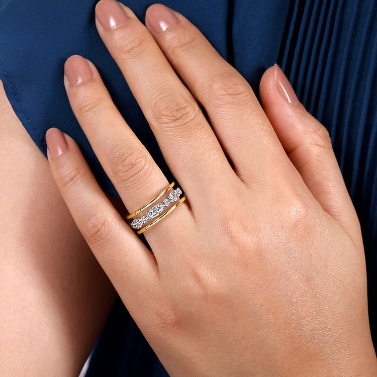 14K White-Yellow Gold Three Row Diamond Open Ring