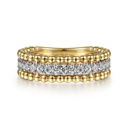14K White-Yellow Gold Three Row Diamond and Bujukan Bead Ring