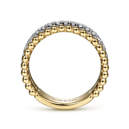 14K White-Yellow Gold Three Row Diamond and Bujukan Bead Ring