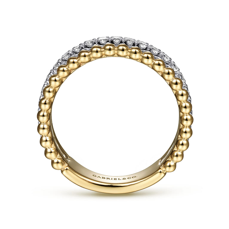 14K White-Yellow Gold Three Row Diamond and Bujukan Bead Ring - 0.5 ct - Shot 2