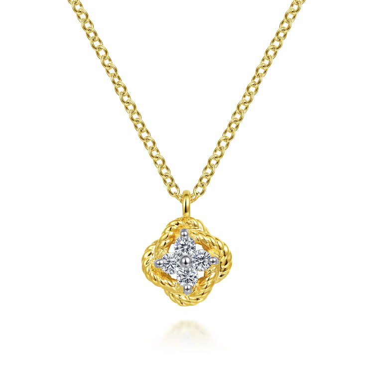 14K White-Yellow Gold Twisted Clover Diamond Pendant Necklace - 0.12 ct - Shot 1