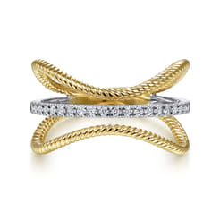 14K White-Yellow Gold Twisted Rope Three Row Curving Diamond Ring