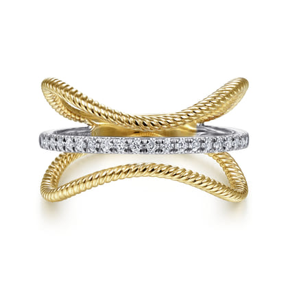 14K White-Yellow Gold Twisted Rope Three Row Curving Diamond Ring