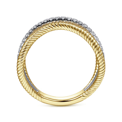 14K White-Yellow Gold Twisted Rope Three Row Curving Diamond Ring