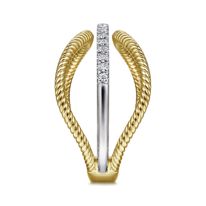 14K White-Yellow Gold Twisted Rope Three Row Curving Diamond Ring