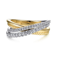 14K White-Yellow Gold Twisted Rope and Diamond Criss Cross Ring