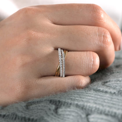 14K White-Yellow Gold Twisted Rope and Diamond Criss Cross Ring