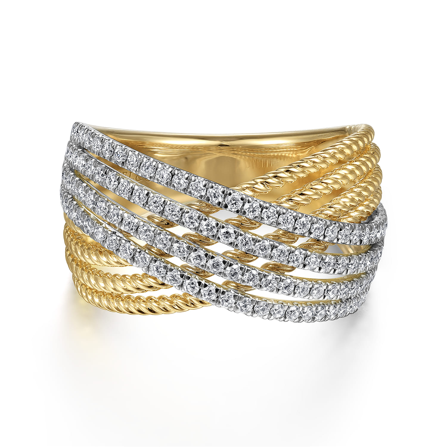 14K White-Yellow Gold Twisted Rope and Diamond Criss Cross Ring - 0.6 ct - Shot 1