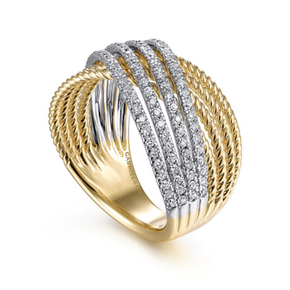 14K White-Yellow Gold Twisted Rope and Diamond Criss Cross Ring