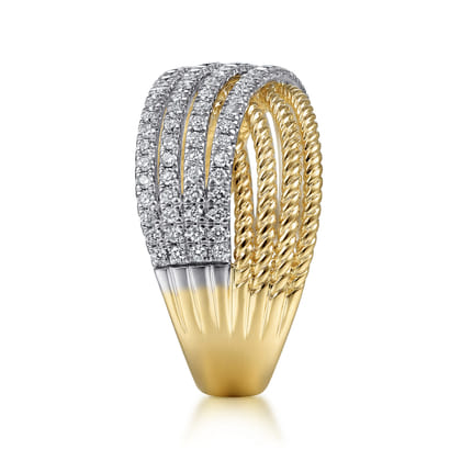14K White-Yellow Gold Twisted Rope and Diamond Criss Cross Ring