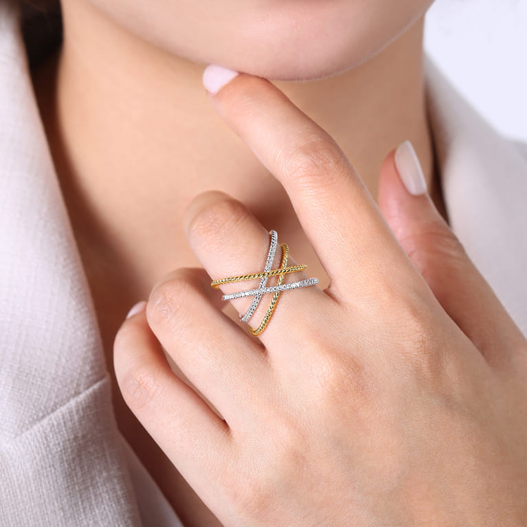 14K White-Yellow Gold Twisted Rope and Diamond Criss Cross Ring - 0.25 ct - Shot 5