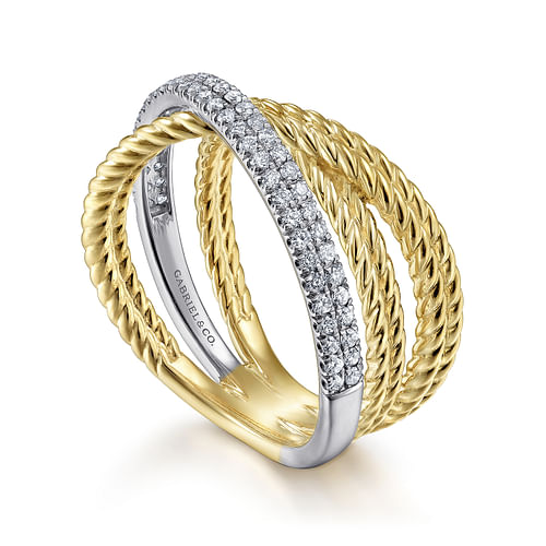 14K White-Yellow Gold Twisted Rope and Diamond Criss Cross Ring - 0.3 ct - Shot 3
