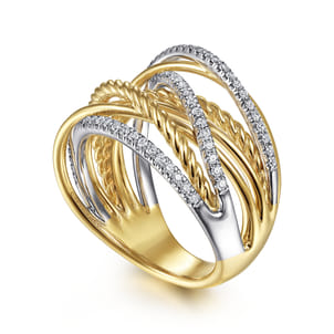 14K White-Yellow Gold Twisted Rope and Diamond Criss Cross Ring