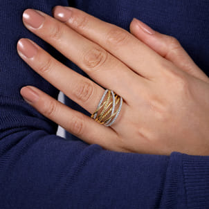 14K White-Yellow Gold Twisted Rope and Diamond Criss Cross Ring