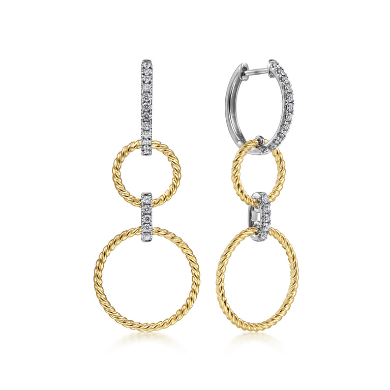 14K White-Yellow Gold Twisted Rope and Diamond Open Circle Huggie Drop Earrings - 0.3 ct - Shot 1