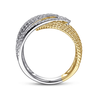 14K White-Yellow Gold Twisted Rope and Diamond Overlapping Triangle Ring