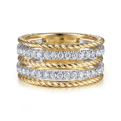 14K White-Yellow Gold Twisted Rope and Diamond Ring