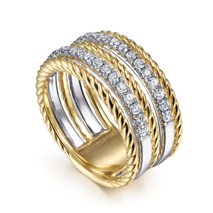 14K White-Yellow Gold Twisted Rope and Diamond Ring