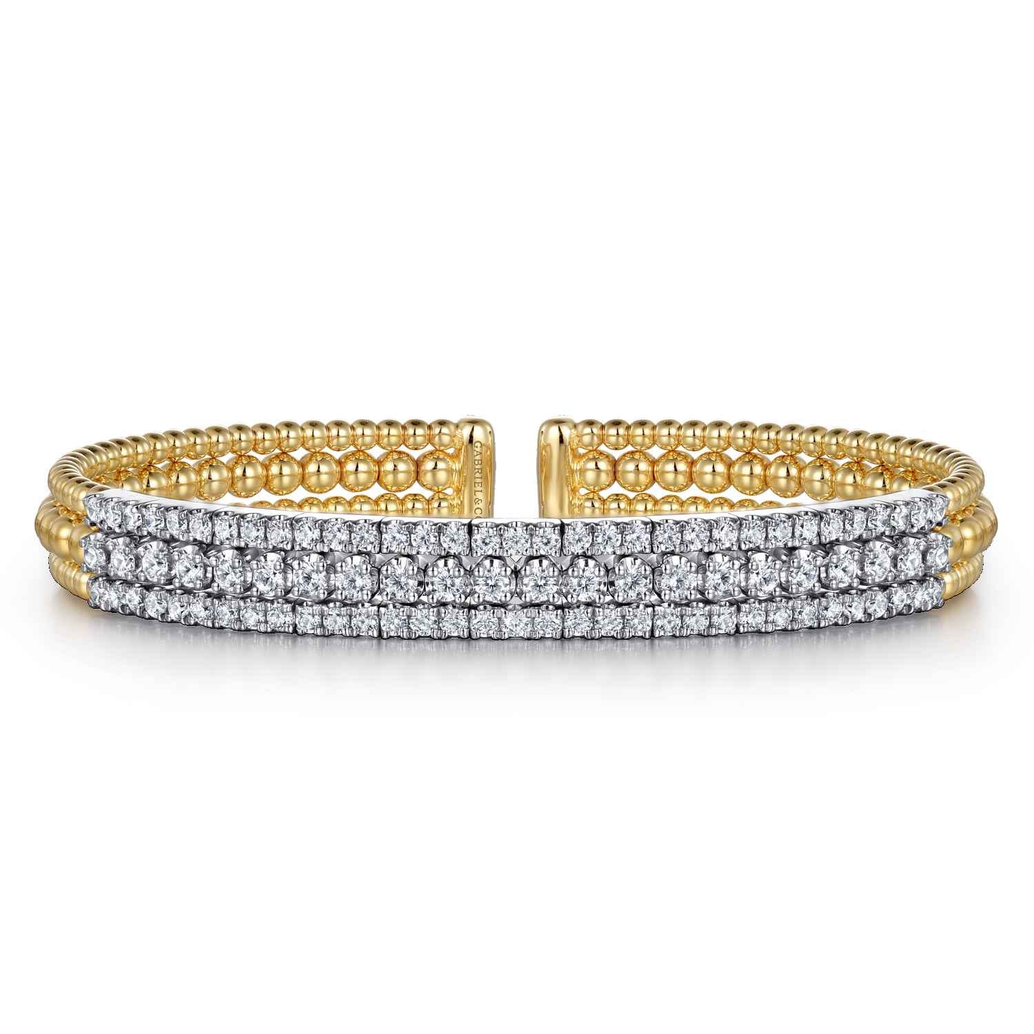 14K White-Yellow Gold Wide Bujukan Diamond Cuff Bracelet - 1.85 ct - Shot 1