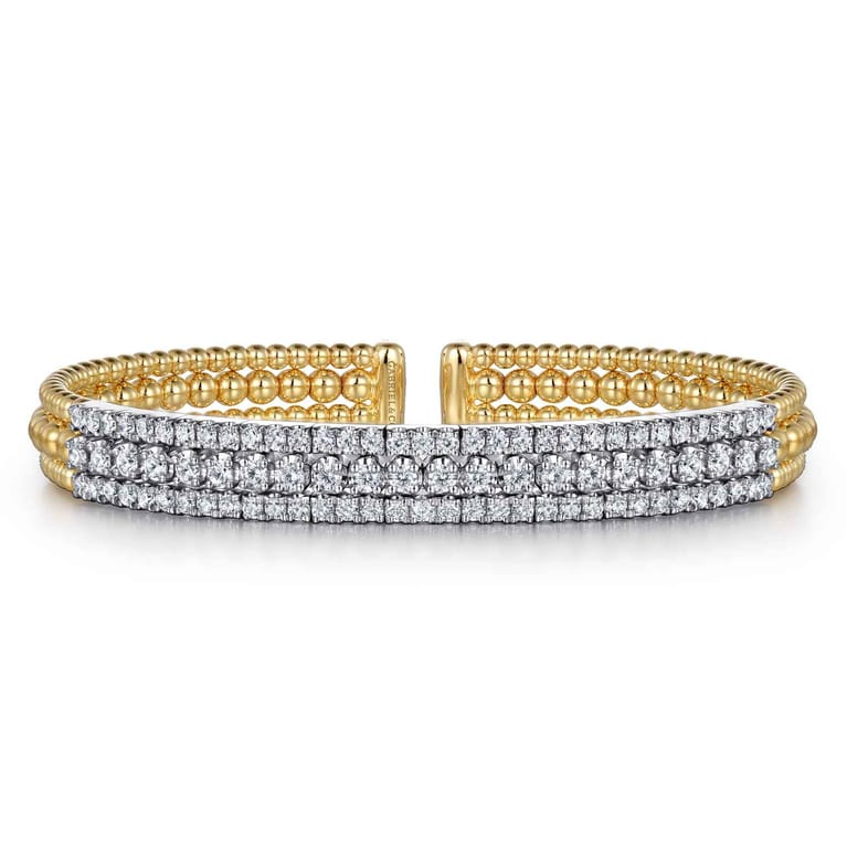 14K White-Yellow Gold Wide Bujukan Diamond Cuff Bracelet - 1.85 ct - Shot 1