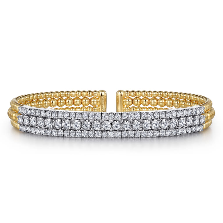 14K White-Yellow Gold Wide Bujukan Diamond Cuff Bracelet - 1.85 ct - Shot 1