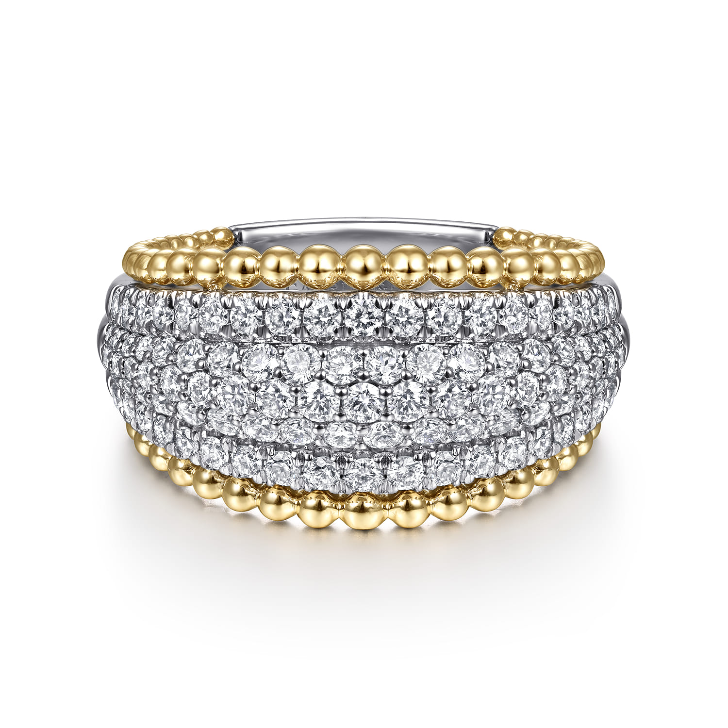 14K White-Yellow Gold Wide Diamond Pave Band with Bujukan Bead Border - 0.9 ct - Shot 1
