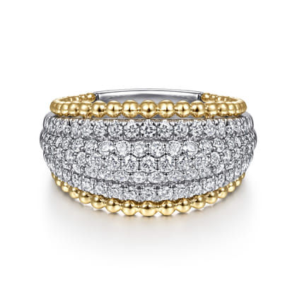 14K White-Yellow Gold Wide Diamond Pave Band with Bujukan Bead Border