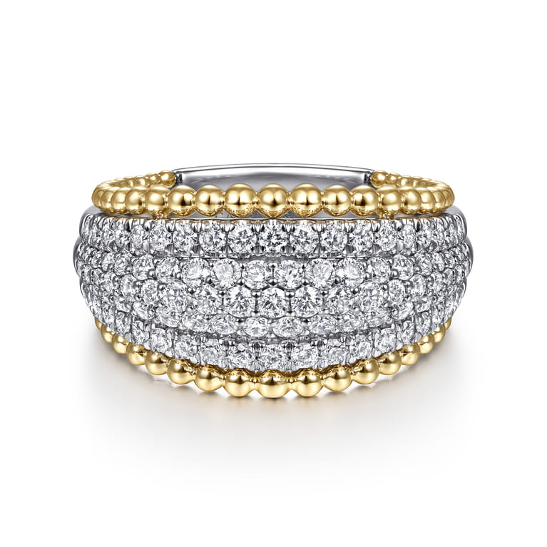 14K White-Yellow Gold Wide Diamond Pave Band with Bujukan Bead Border - 0.9 ct - Shot 1