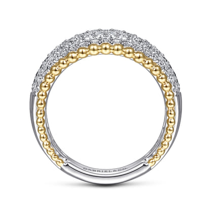 14K White-Yellow Gold Wide Diamond Pave Band with Bujukan Bead Border