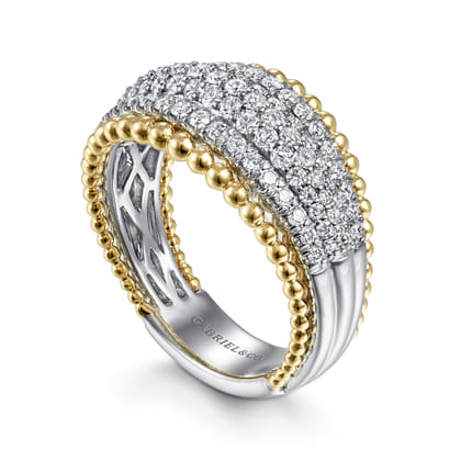 14K White-Yellow Gold Wide Diamond Pave Band with Bujukan Bead Border