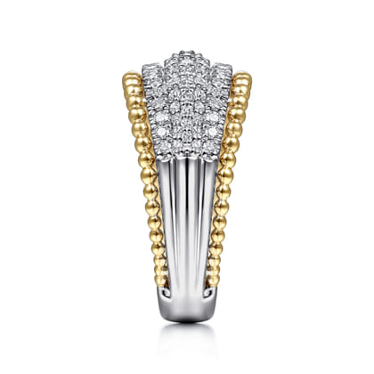 14K White-Yellow Gold Wide Diamond Pave Band with Bujukan Bead Border