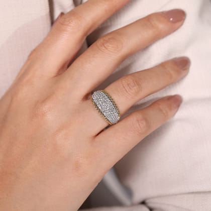 14K White-Yellow Gold Wide Diamond Pave Band with Bujukan Bead Border