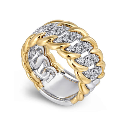 14K White-Yellow Gold Wide Diamond Pave Band