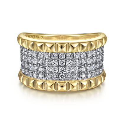 14K White-Yellow Gold Wide Diamond and Pyramid Ring