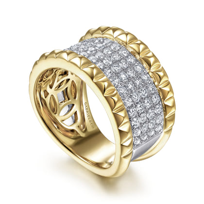 14K White-Yellow Gold Wide Diamond and Pyramid Ring